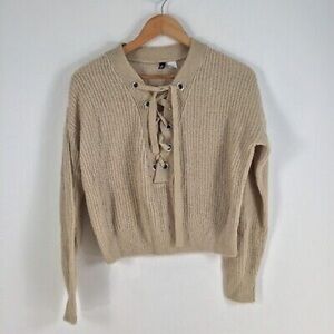 H&M Divided Beige Knit Lace-Up Sweater Size Small